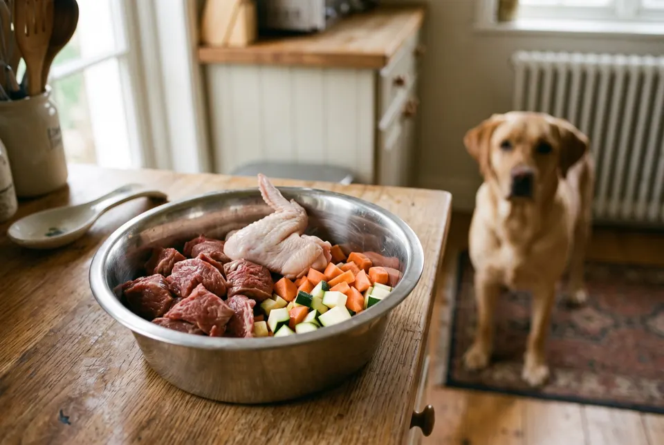 Une gamelle en inox avec des morceaux de bœuf cru, une aile de poulet crue, des carottes et de la courgette, un labrador qui attend derrière