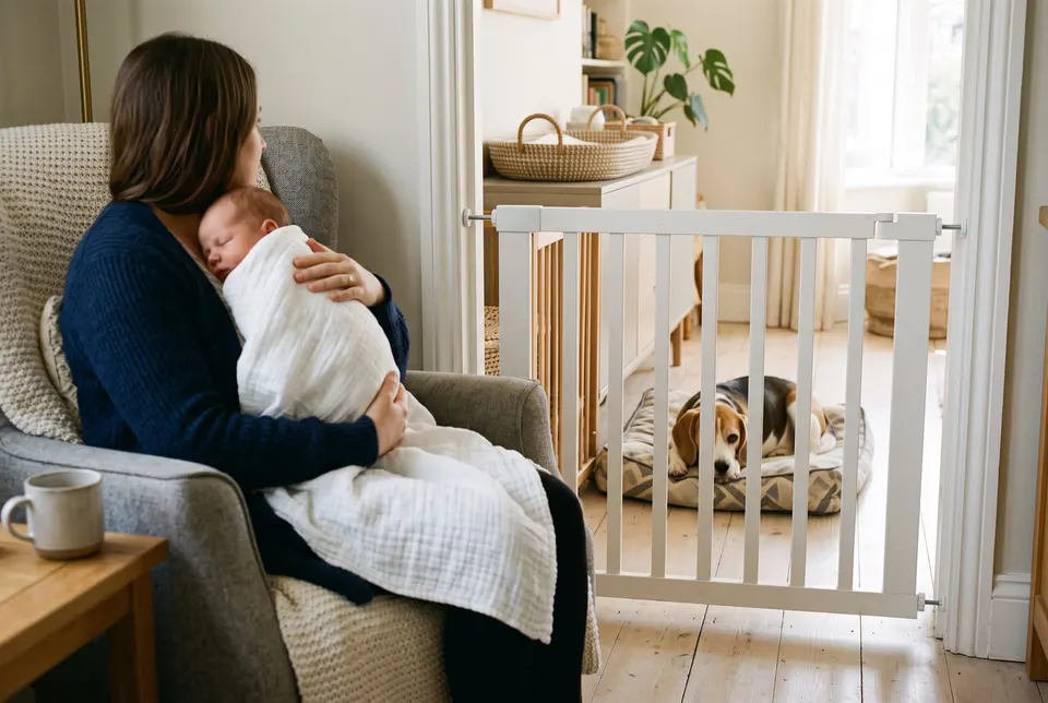 Un beagle couché sur son coussin derrière une barrière de sécurité, pendant qu'un parent tient un nouveau-né endormi dans un fauteuil