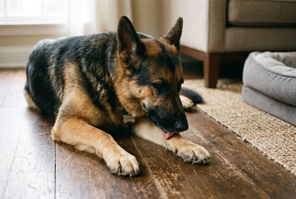 Un berger allemand couché sur un parquet se lèche le dessus d'une patte avant