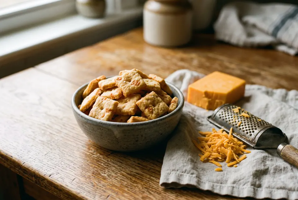 Petits biscuits au cheddar dans un bol, à côté d’un bloc de cheddar et d’une râpe