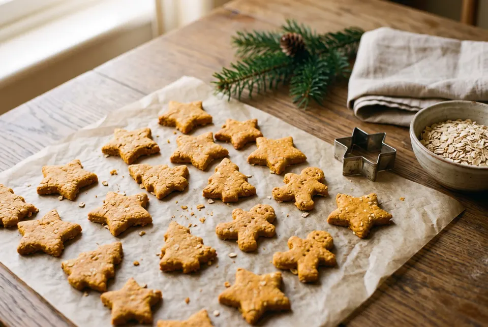 Biscuits pour chien en forme d'étoiles, de sapins et de bonshommes sur du papier cuisson, à côté d'un emporte-pièce et d'un bol de flocons d'avoine