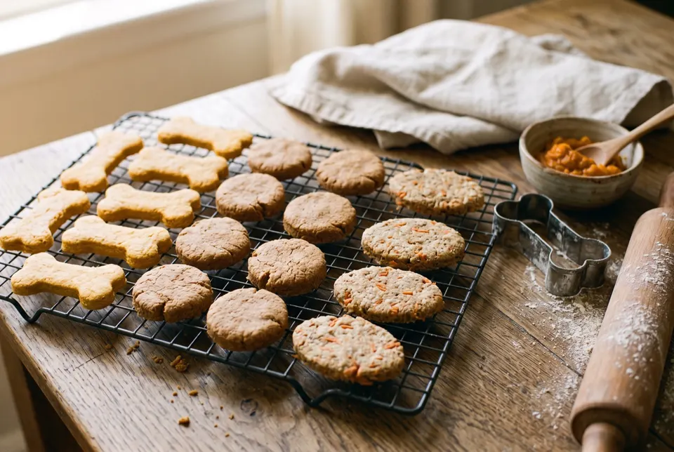 Biscuits pour chien maison en forme d'os et de ronds, à la citrouille, au beurre de cacahuète et à la carotte, sur une grille, avec un emporte-pièce et un rouleau à pâtisserie
