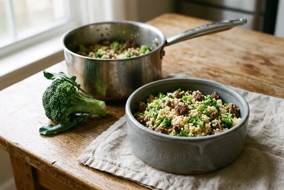 Gamelle de couscous, bœuf haché et petits bouquets de brocoli