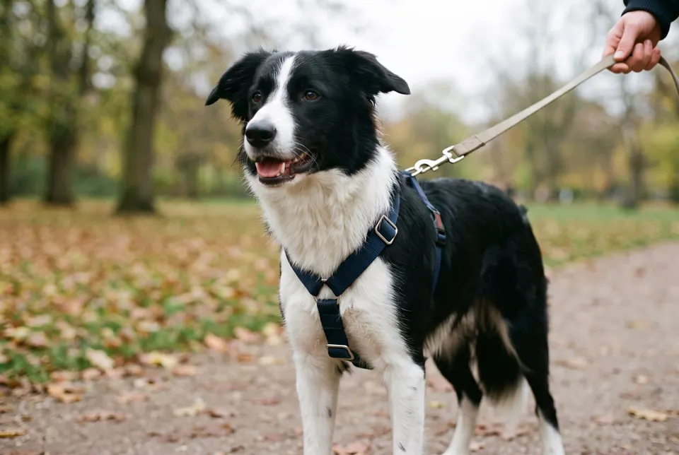 Un border collie noir et blanc porte un harnais en Y bleu marine qui laisse les épaules libres, tenu en laisse dans un parc en automne