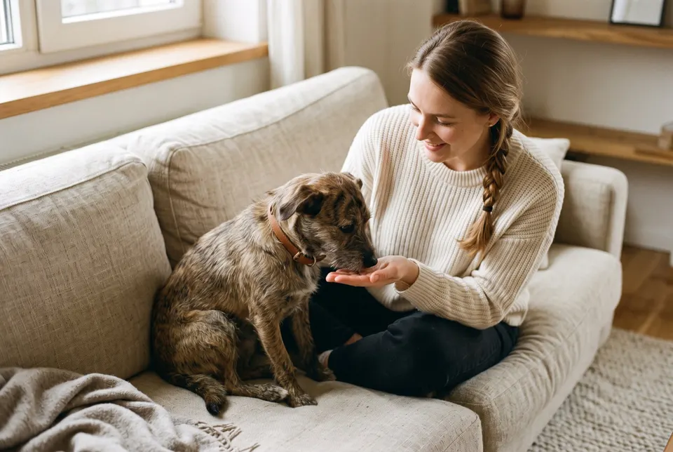 Un chien adopté, assis sur le canapé contre sa nouvelle maîtresse, renifle la main qu'elle lui tend