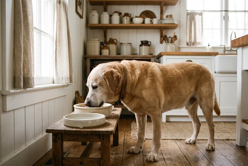 Un vieux labrador au museau grisonnant mange dans une gamelle surélevée en céramique, dans une cuisine claire