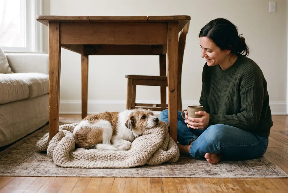 Un chien couché sur une couverture sous une table en bois, sa maîtresse assise par terre à côté, une tasse à la main