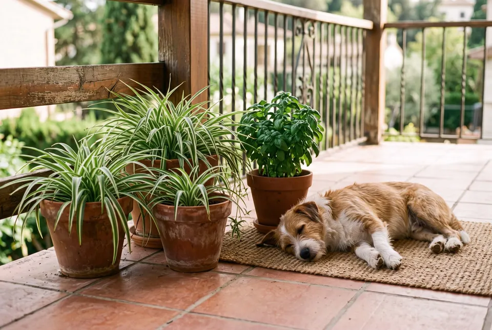 Un chien endormi sur un balcon carrelé, à côté de pots de chlorophytums et d'un pot de basilic