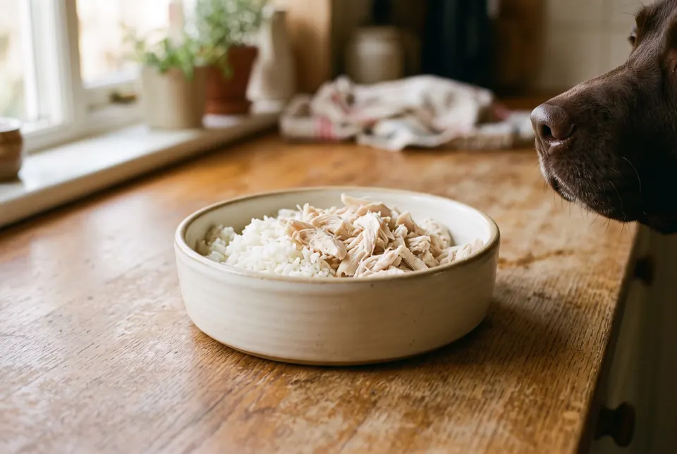 Une gamelle de riz blanc et de poulet bouilli effiloché sur un plan de travail, la truffe d'un chien au bord du cadre