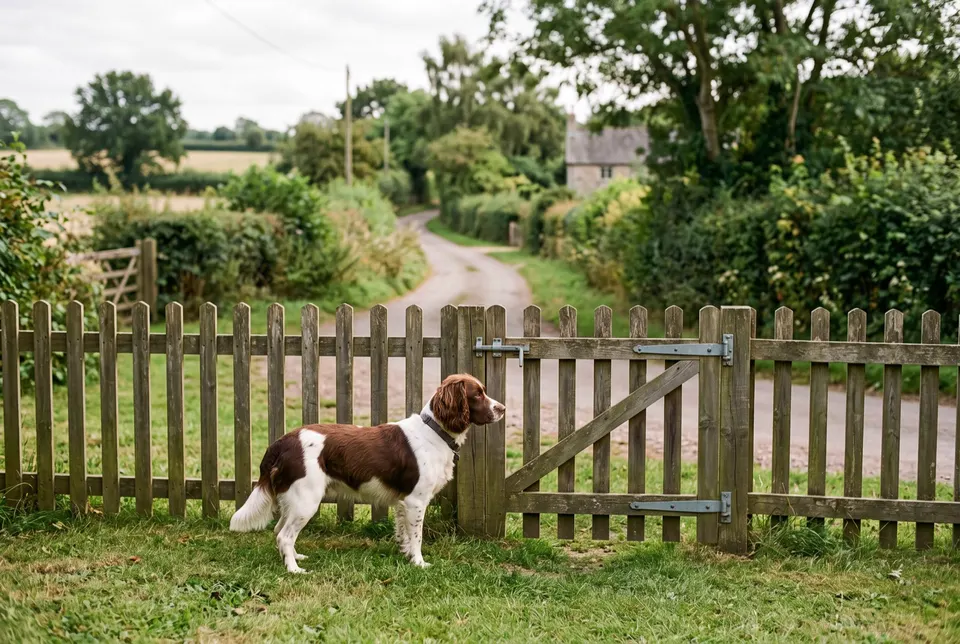 Un épagneul se tient tranquillement sur la pelouse derrière une clôture et un portillon en bois, face à un chemin de campagne