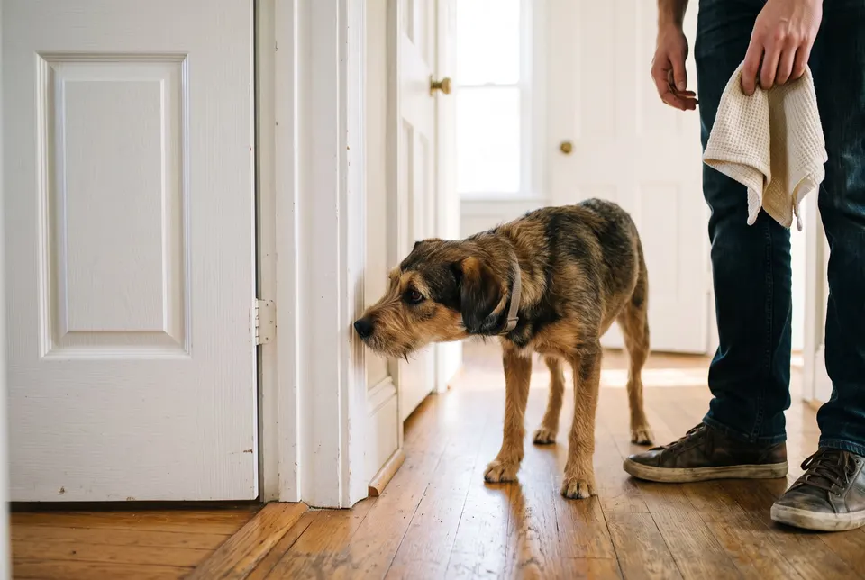 Un chien croisé renifle le coin d'un encadrement de porte dans un couloir, son maître à côté, un chiffon à la main