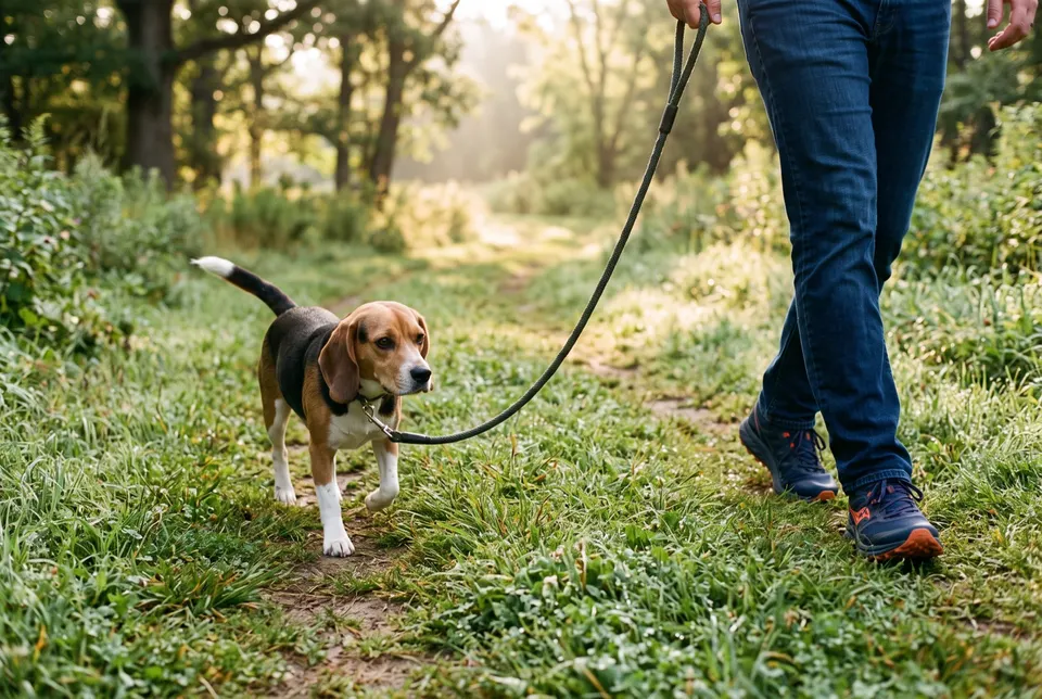 Un beagle en laisse marche sur un chemin herbeux d'un parc, tôt le matin, à côté de son maître