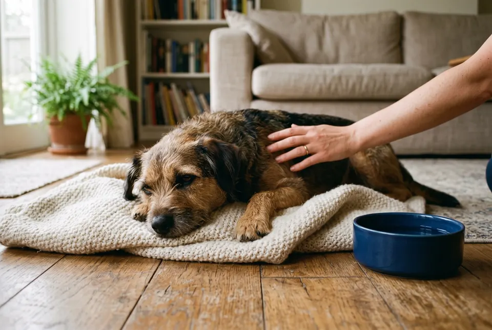 Un chien croisé se repose sur une couverture en laine, la main de sa maîtresse posée sur son dos, une gamelle d'eau à côté