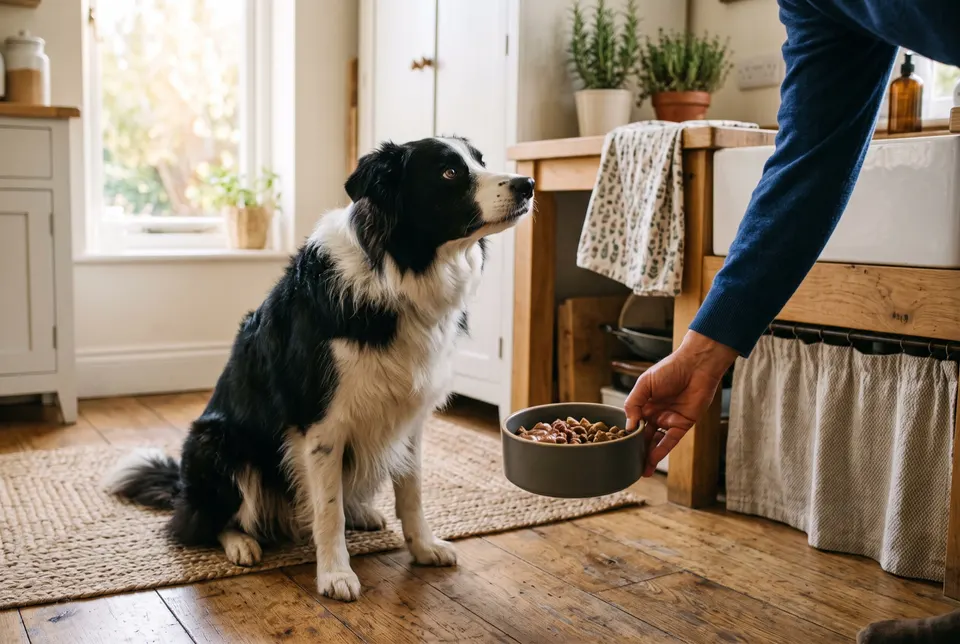 Une main pose une gamelle devant un border collie assis qui attend sagement dans la cuisine