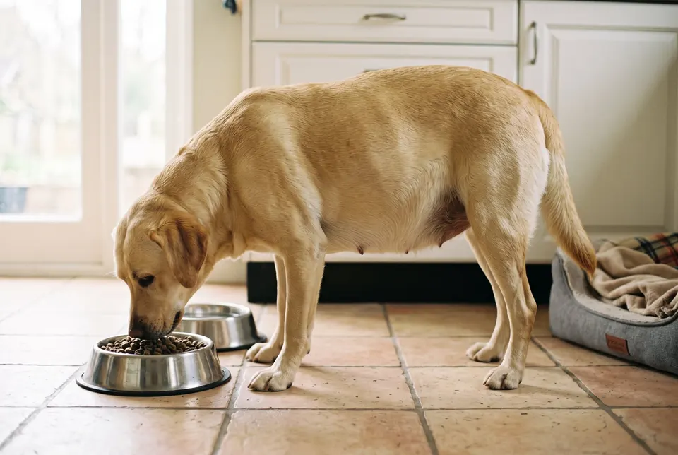 Une chienne labrador sable en fin de gestation, le ventre arrondi, mange dans sa gamelle sur le carrelage de la cuisine