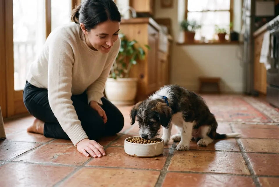 Un chiot croisé mange dans une petite gamelle sur les tomettes de la cuisine, sa maîtresse agenouillée à côté