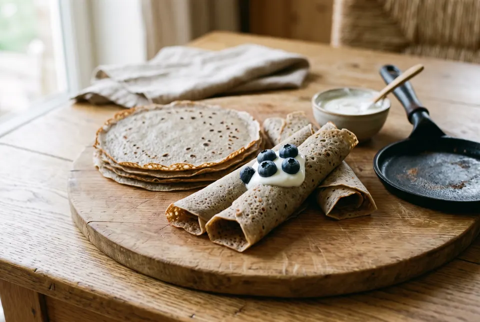 Petites crêpes de sarrasin roulées sur une planche en bois, nappées d'une cuillerée de yaourt nature et de quelques myrtilles, à côté d'une poêle à blinis