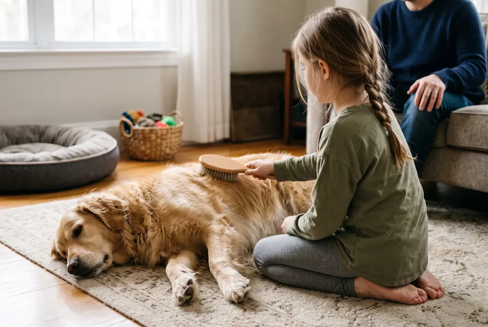 Une fillette brosse doucement un golden retriever couché sur un tapis, sous le regard d'un parent assis derrière