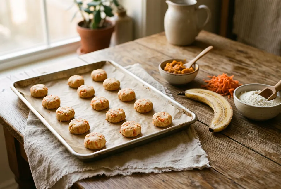 Friandises rondes à la carotte sur papier cuisson, avec banane, purée de citrouille et farine de coco