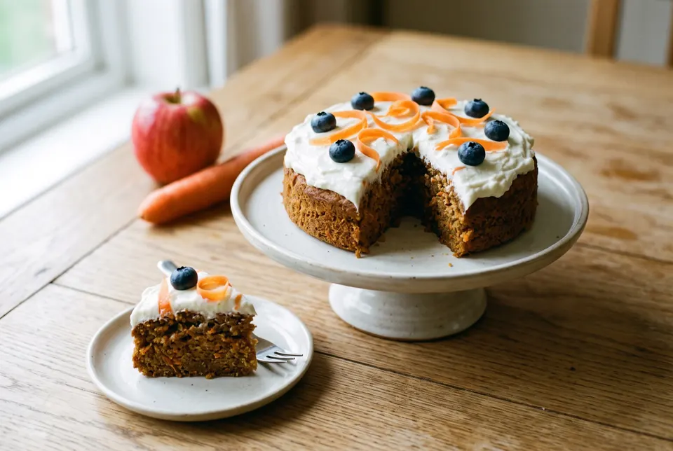 Gâteau d'anniversaire pour chien glacé au yaourt, décoré de copeaux de carotte et de myrtilles, une part servie sur une assiette