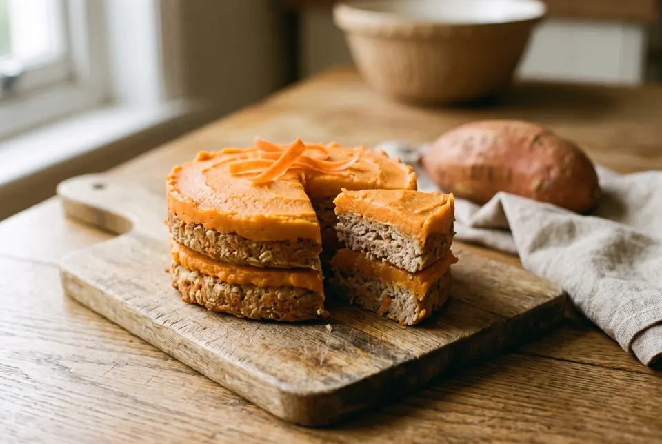 Gâteau salé pour chien à deux étages de poulet, nappé de purée de patate douce et entamé, sur une planche en bois