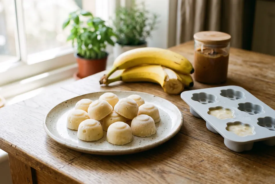 Petites glaces à la banane et au yaourt démoulées sur une assiette, à côté d'un moule en silicone et de bananes