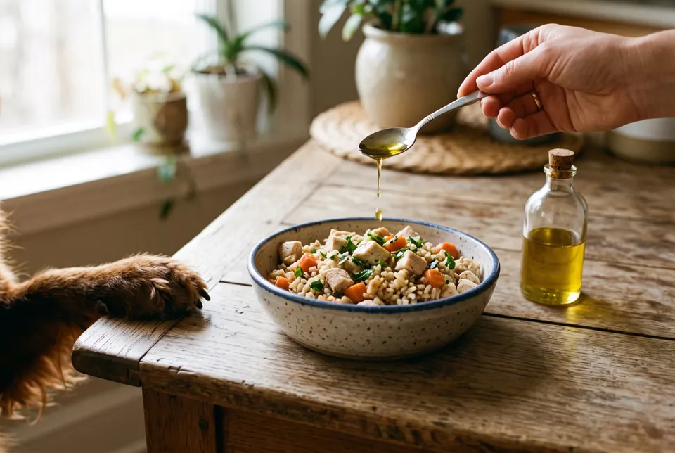 Une cuillère verse quelques gouttes d'huile dorée sur une gamelle de poulet, riz et carottes, la patte d'un chien posée au bord de la table