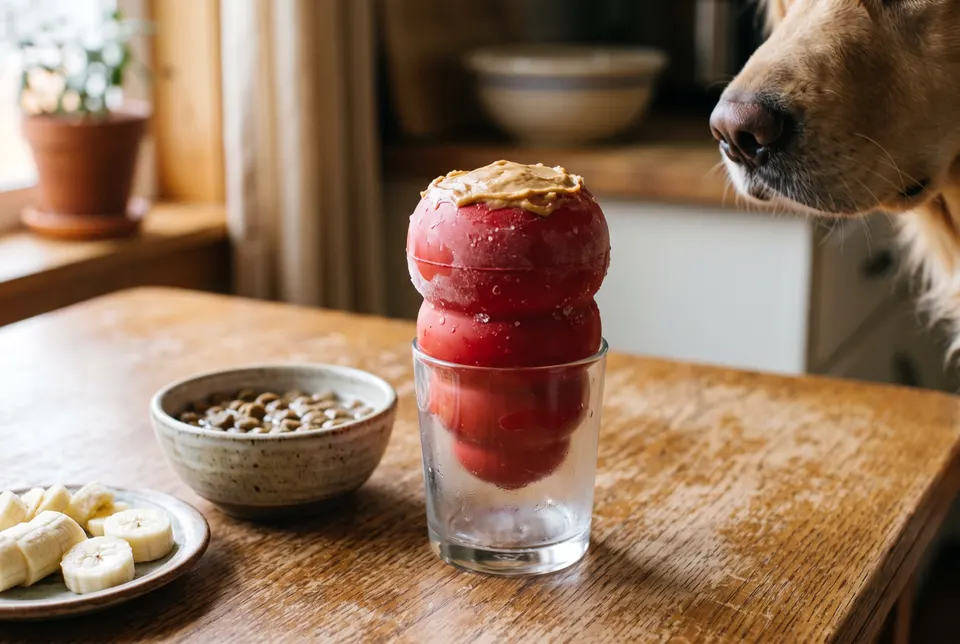 Jouet à garnir rouge rempli et congelé, posé dans un verre, regardé par un golden retriever