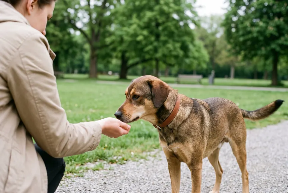 Une personne accroupie de profil tend la main, paume ouverte et basse, à un chien croisé qui la renifle dans un parc