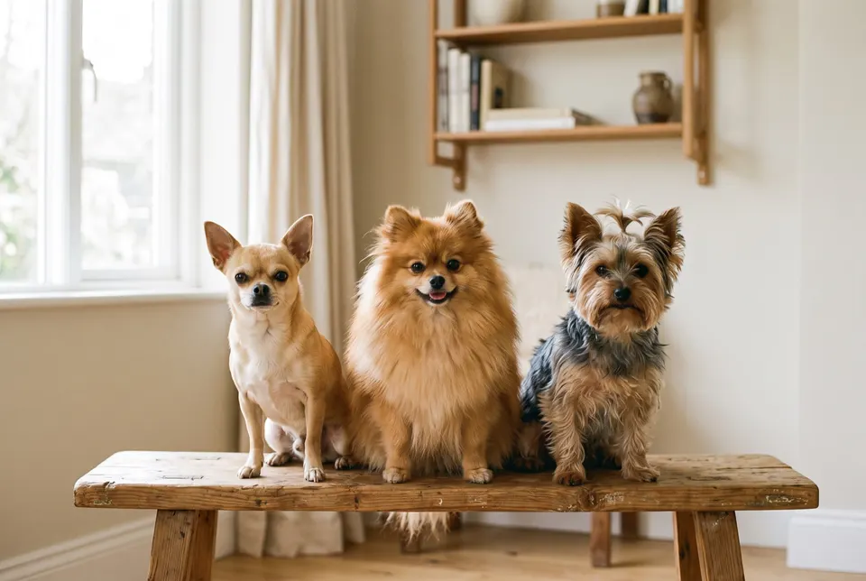 Un chihuahua, un spitz nain et un yorkshire terrier assis côte à côte sur un banc en bois