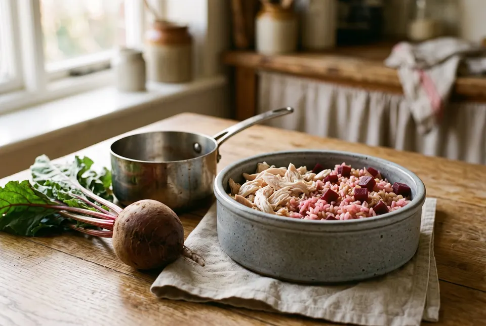 Gamelle de poulet effiloché, riz brun et dés de betterave, à côté d’une betterave entière