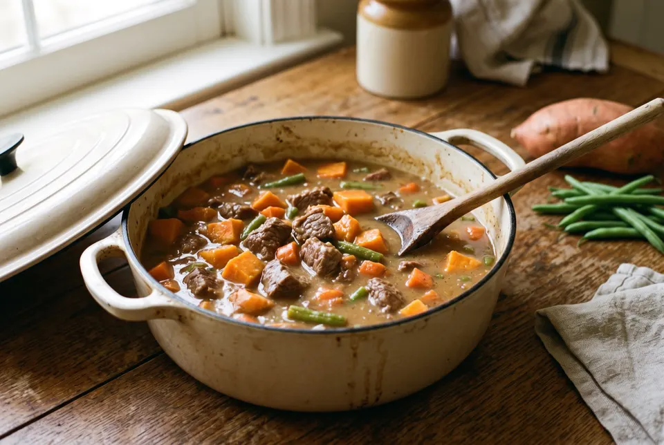 Cocotte de ragoût de bœuf aux dés de patate douce, de carotte et aux haricots verts, une patate douce crue à côté