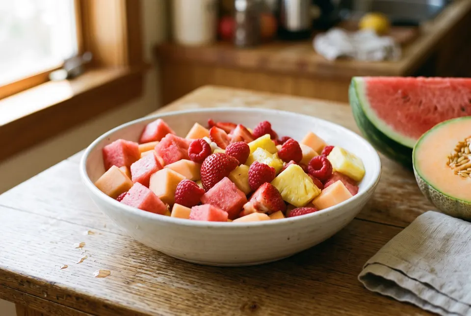 Saladier blanc de dés de pastèque, de melon et d’ananas, de fraises et de framboises, avec une tranche de pastèque et un demi-melon