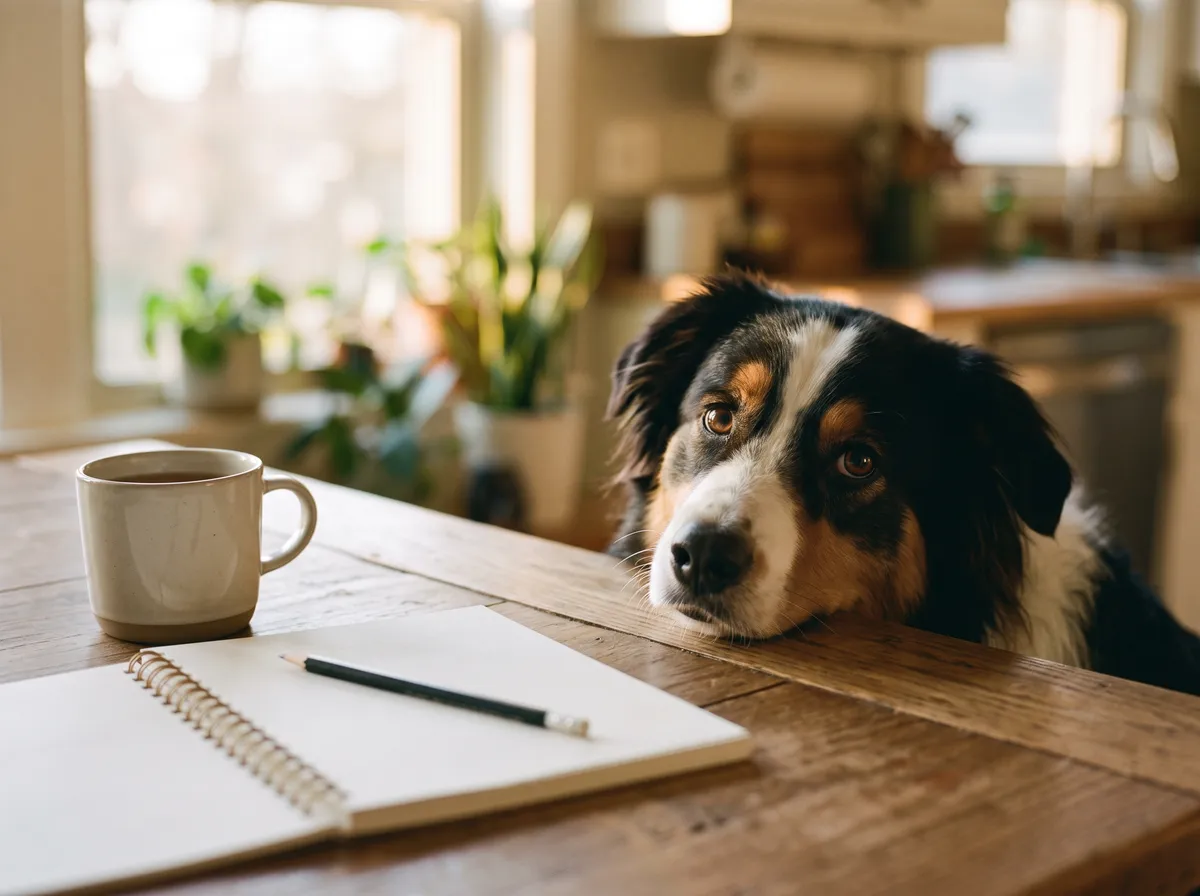 Un berger australien pose la tête sur la table de la cuisine, à côté d'un carnet et d'une tasse de thé