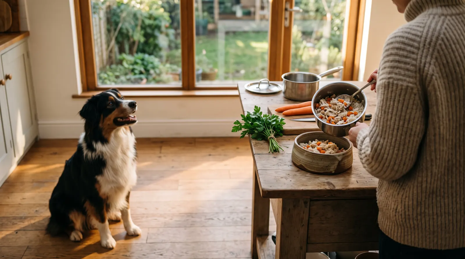 Un berger australien assis dans une cuisine regarde son humain verser du poulet, des carottes et du riz dans sa gamelle